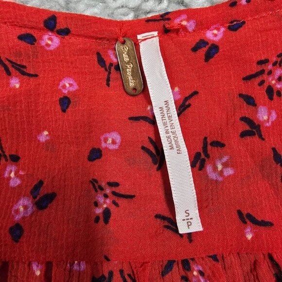 Free People Women Lolita Top Size Small Red Floral Smocked Boho Peasant Crop - Picture 7 of 14